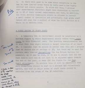 Mrs Thatcher's comments on a paper concerning a freeze on Civil Service manpower