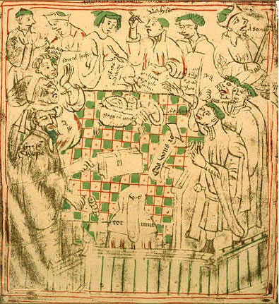 Exchequer of Ireland at work. The chequered cloth is clearly visible on the table, around which several figures are engaged in passionate discourse
