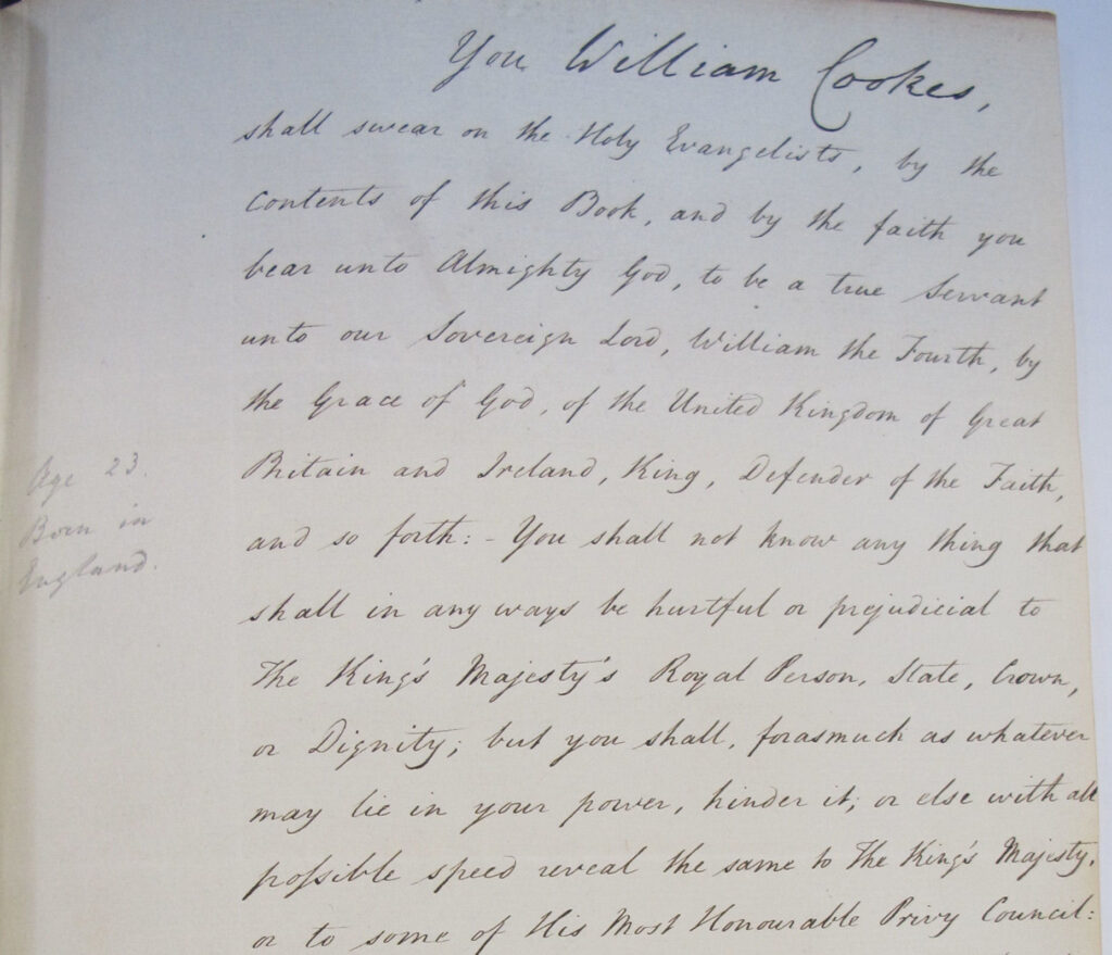 Oath sworn by William Cookes, The National Archives ref: FO 366/276