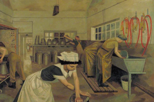 Inside a dairy with women washing equipment and another rolling a milk-churn in centre foreground.