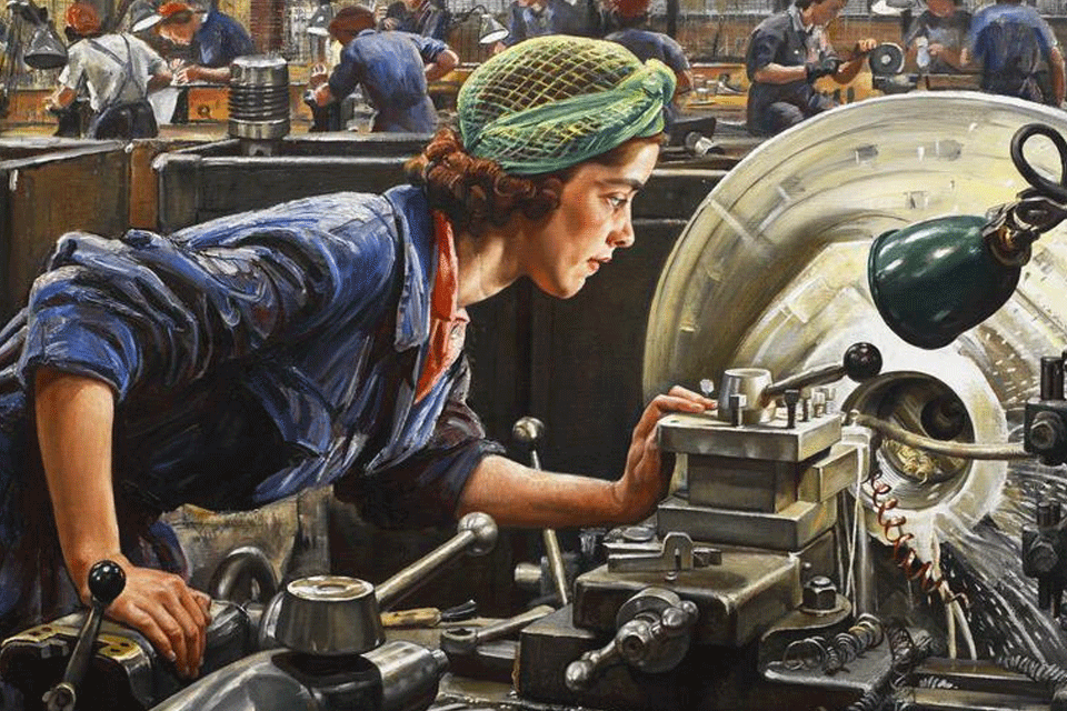 A portrait of a female factory worker operating a lathe