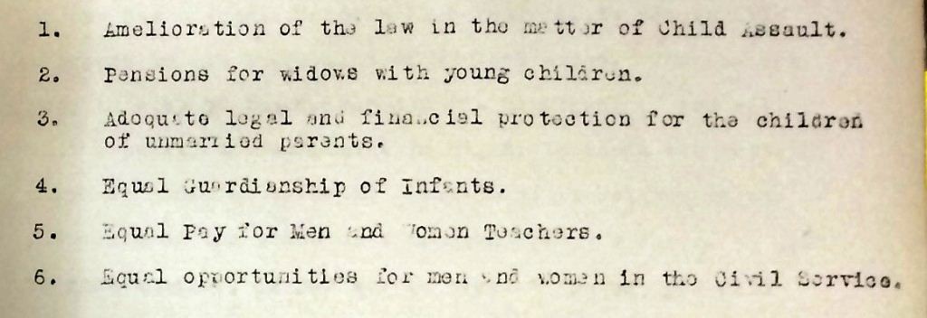 Image of an extract of a letter from the Six Point Group regarding equal opportunities for men and women in the Civil Service. The six points are: 1. Amelioration of the law in the matter of Child Assault. 2. Pensions for Widows with young children. 3. Adequate legal and financial protection for the children of unmarried parents. 4. Equal Guardianship of Infants. 5. Equal pay for Men and Women teachers. 6. Equal opportunities for men and women in the Civil Service. 
