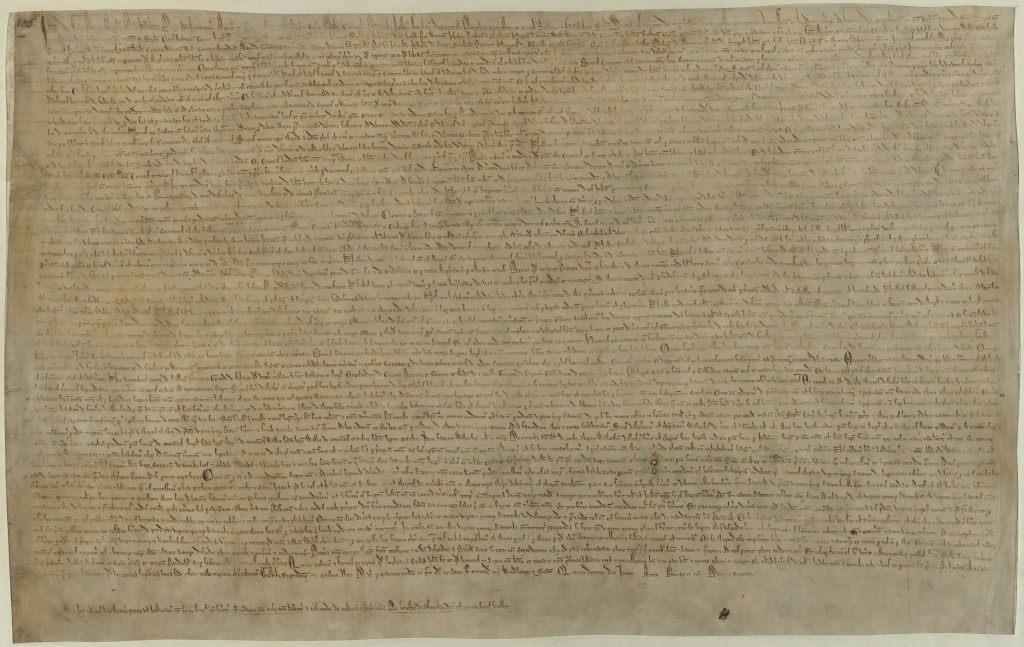 Magna Carta, agreed by King John and the barons of England on 15 June 1215: British Library, Shelfmark: Cotton MS Augustus ii.106 