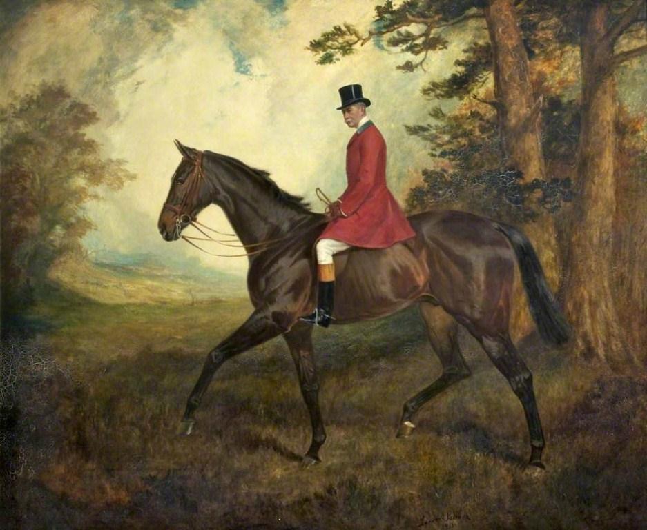 Colonel William Hall Walker, sitting on the horse known as 'Buttercup'. Walker is wearing a red riding jacket and a top hat.