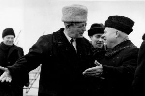 Harold MacMillan greets Nikita Khrushchev in Moscow. Keystone Pictures USA /Alamy stock photo