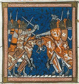 A direct clash between the King's forces and the Barons - both forces are on horseback, and brandishing swords