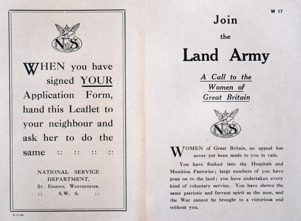 'Join the Land Army' booklet - 'A call to the Women of Great Britain' - key message: 'You have shown the same patriotic and fervent spirit as the men, and the War cannot be brought to a victorious end without you'. 