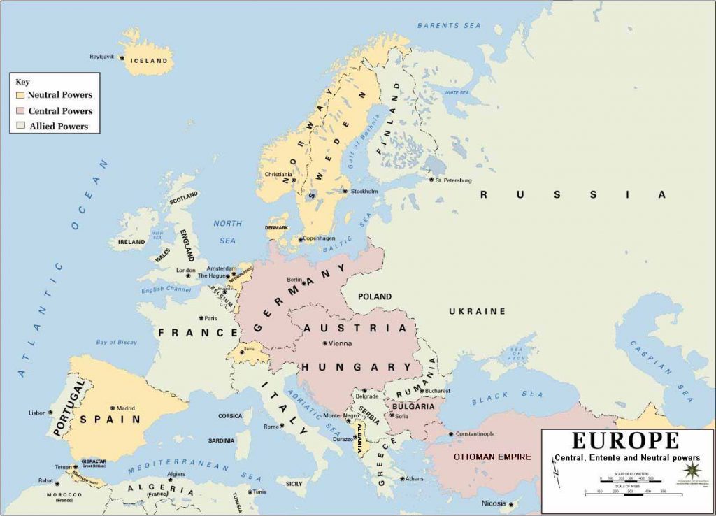 Old map of allied powers in WW1, Neutral are Switzerland, Netherlands etc, Central are Germany, Austria/Hungary etc and Allies are UK, France, Italy and Russia etc.