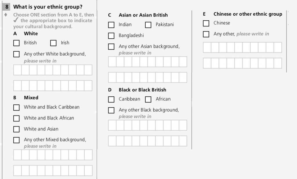 The question asks ‘What is your ethnic group’, and the instructions say “Choose ONE section from A to E, then tick the appropriate box to indicate your cultural background”. Section A, White, has 3 tick boxes: British, Irish and Any other White background (with a space to write in). Section B, Mixed, has 4 tick boxes: White and Black Caribbean, White and Black African, White and Asian, and Any other Mixed background (with a space to write in). Section C, Asian or Asian British, has 4 tick boxes: Indian, Pakistani, Bangladeshi, and Any other Asian background (with a space to write in). Section D, Black or Black British, has 3 tick boxes: Caribbean, African, and Any other Black background (with a space to write in). Section E (Chinese or other ethnic group) has 2 tick boxes: Chinese, and Any other (with a space to write in). 