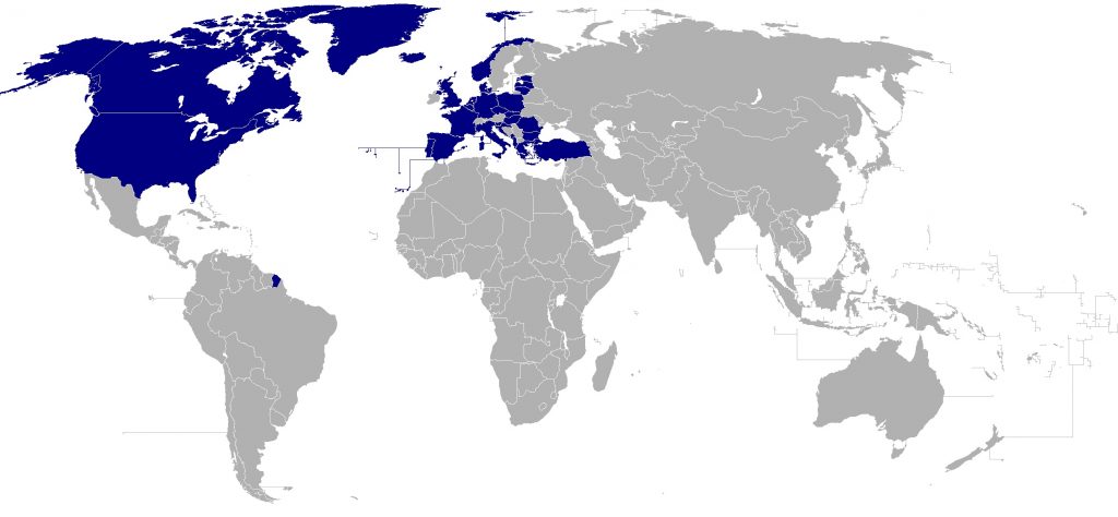 Map of the world with NATO member countries highlighted. All 29 countries highlighted are: Albania, Belgium, Bulgaria, Canada, Croatia, Czech Republic, Denmark, Estonia, France, Germany, Greece, Hungary, Iceland, Italy, Latvia, Lithuania, Luxembourg, Montenegro, Netherlands, Norway, Poland, Portugal, Romania, Slovakia, Slovenia, Spain, Turkey, United Kingdom, United States.