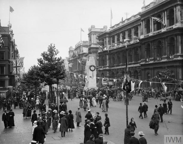 Spectators after the parade at the Cenotaph, Whitehall, 19th July 1919.