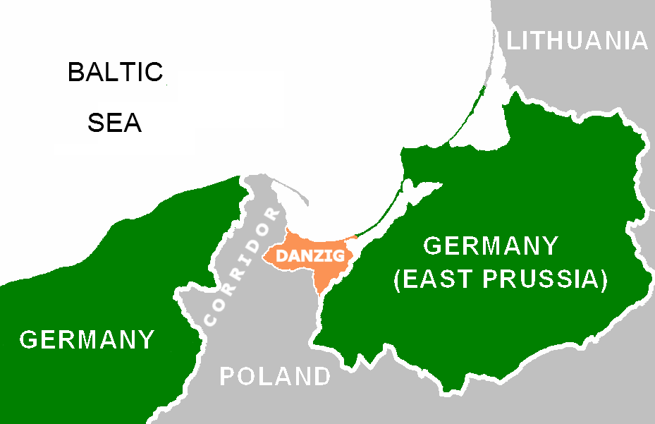 Coloured map of the Danzig corridor in war, spanning (West to East) Germany, the Baltic Sea, Poland, Danzig, East Prussia then Lithuania