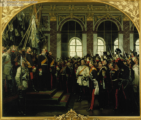 Artwork showing a large group of military men in a room